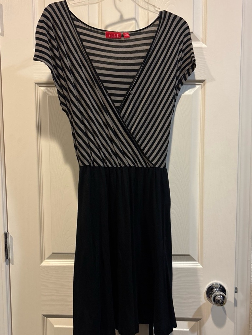 Elle Black and Gray Striped V-Neck Fit-and-Flare Mini Dress